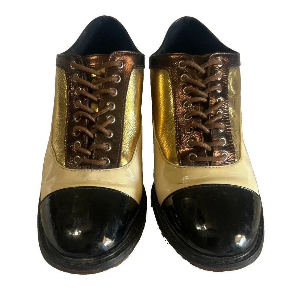 Womens Derby Brogue Oxford Patent Leather Tri Color Cap Toe Lace Up Size 39C Y2K